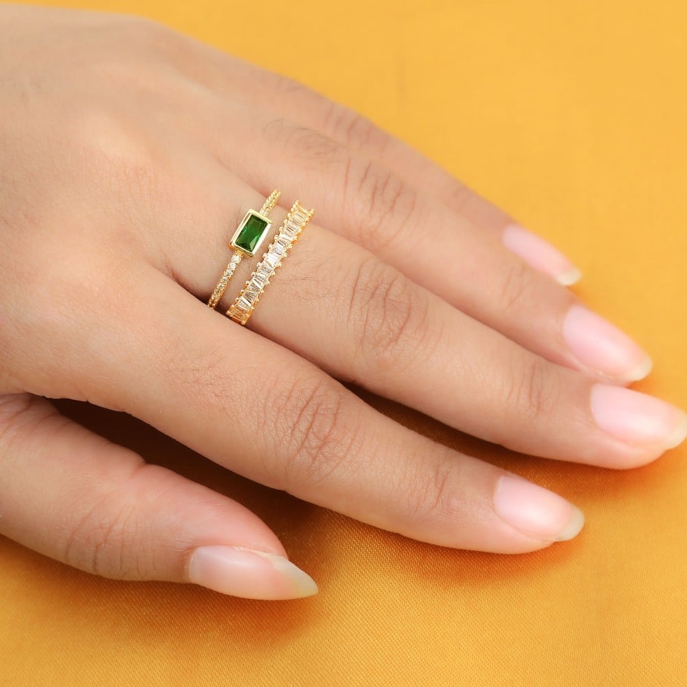 Emerald Glint Ring – Gold-Plated Statement Ring with Emerald-Cut Centerpiece