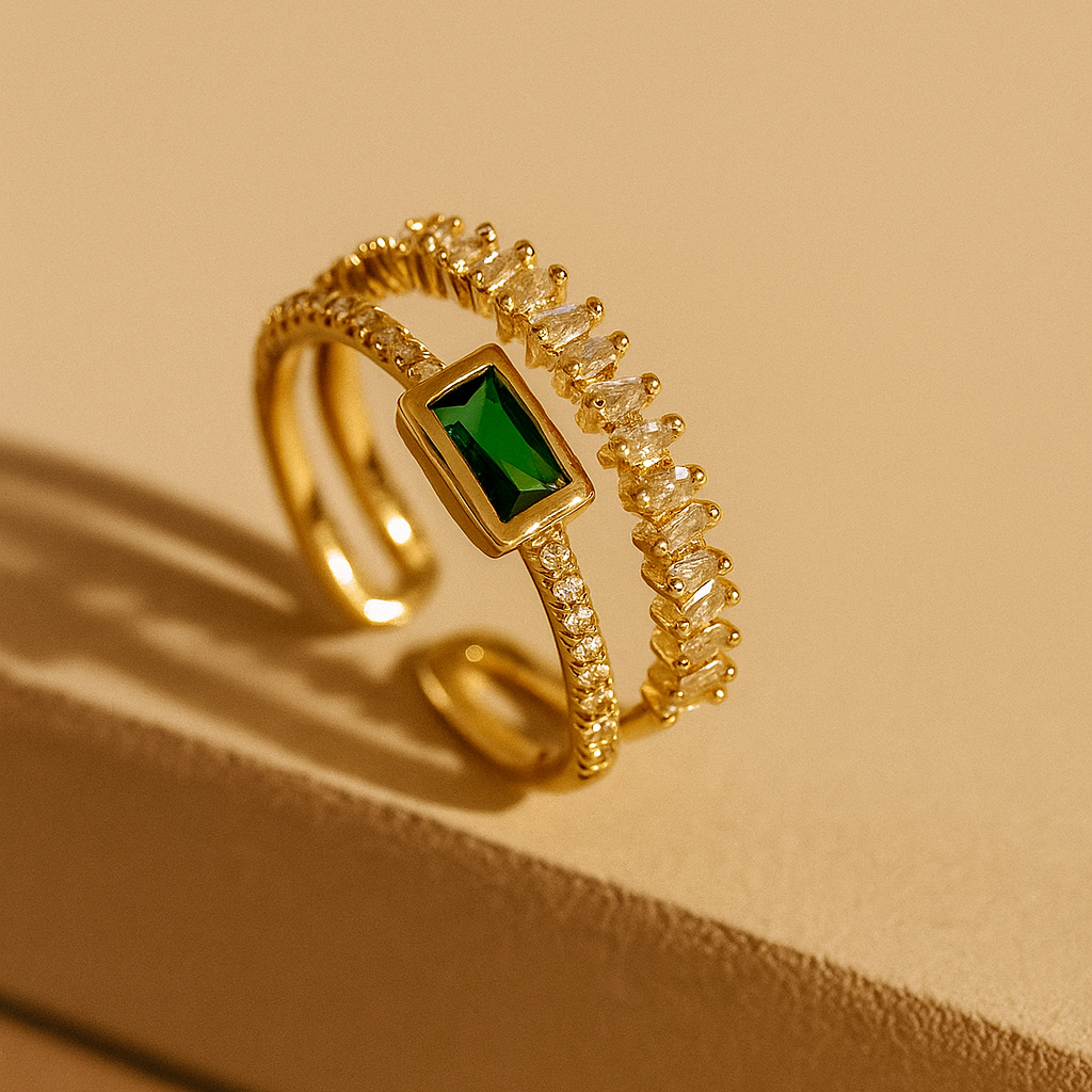 Emerald Glint Ring – Gold-Plated Statement Ring with Emerald-Cut Centerpiece