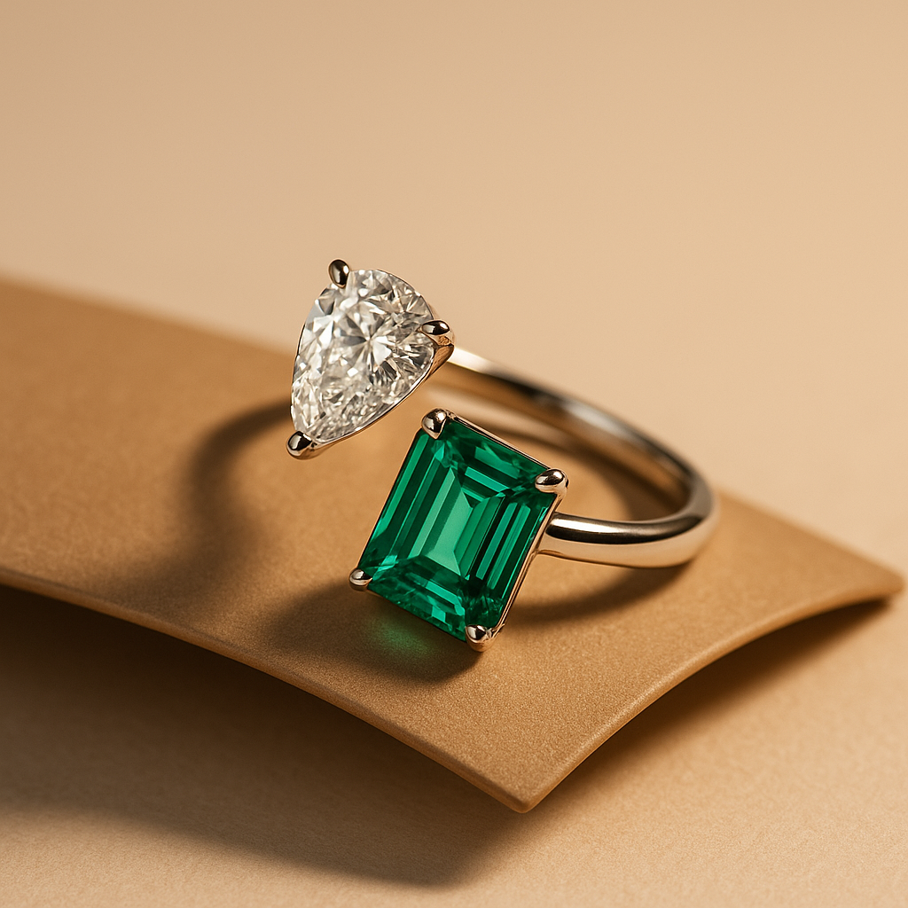 Twin Flame Ring – Emerald & Diamond-Inspired Dual Stone Adjustable Ring
