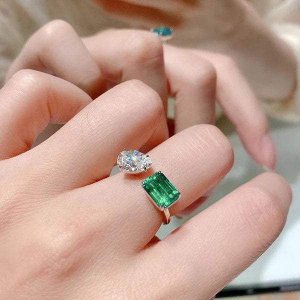 Twin Flame Ring – Emerald & Diamond-Inspired Dual Stone Adjustable Ring