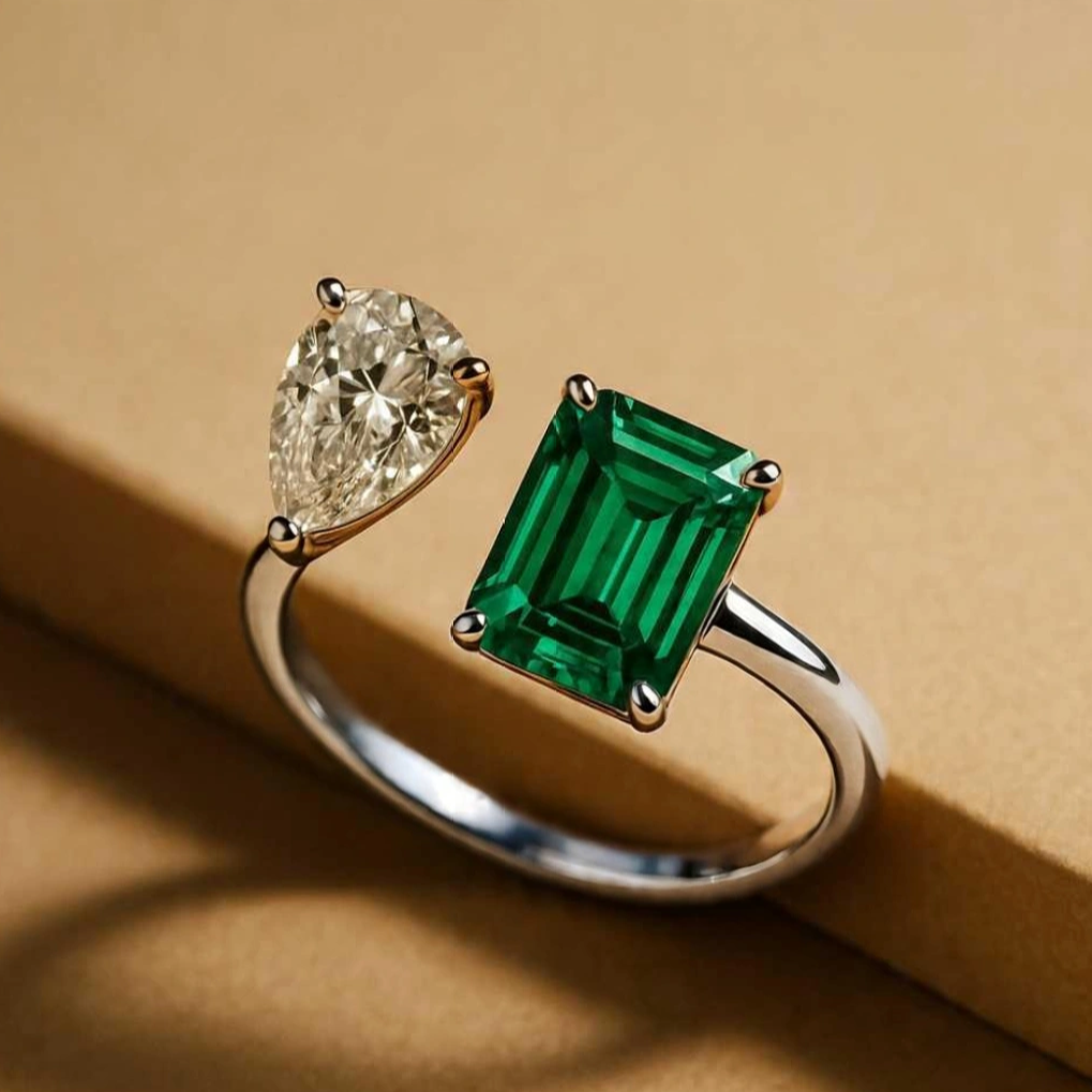 Twin Flame Ring – Emerald & Diamond-Inspired Dual Stone Adjustable Ring