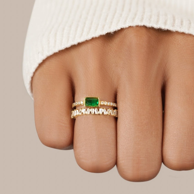 Emerald Glint Ring – Gold-Plated Statement Ring with Emerald-Cut Centerpiece